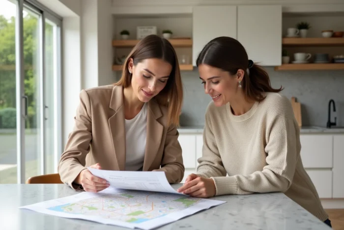 Deux femmes étudiant des documents financiers et une carte de quartier dans un appartement témoin lors d'un accompagnement de projet immobilier
