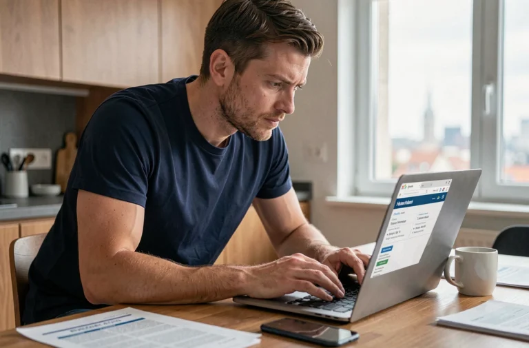 Homme consultant un site de billetterie en ligne pour acheter des billets de finale de Ligue des Champions sur son ordinateur portable