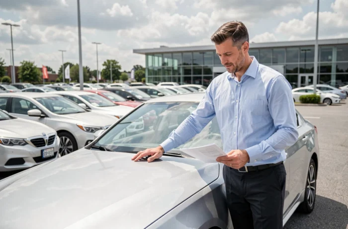 Homme examinant une voiture d'occasion première main dans un parking de concessionnaire automobile