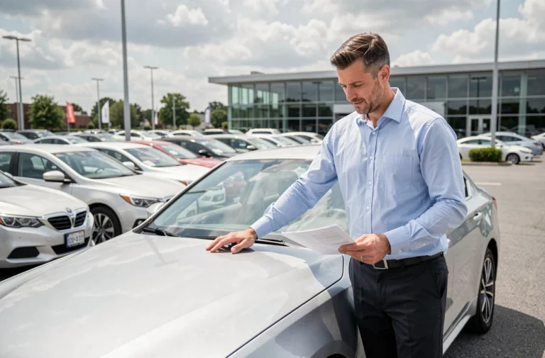 Homme examinant une voiture d'occasion première main dans un parking de concessionnaire automobile