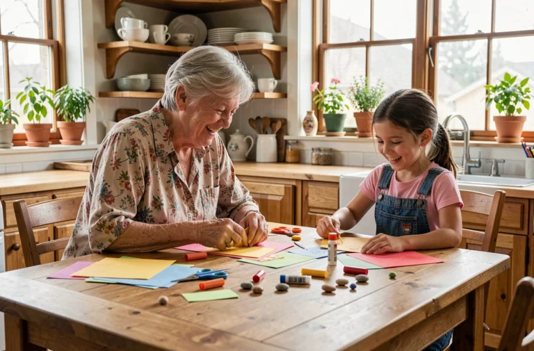 Grand-mère et petite-fille faisant des activités créatives ensemble autour d'une table en bois dans une cuisine familiale