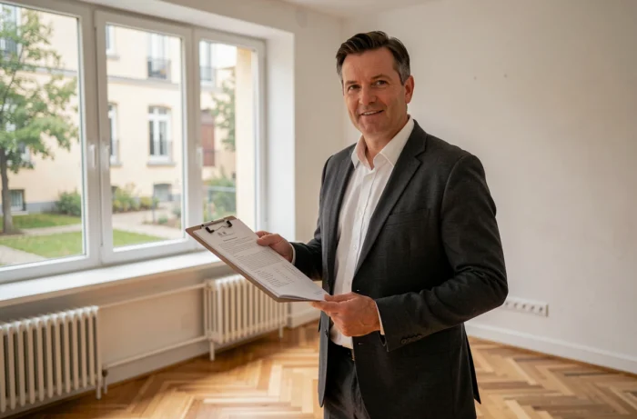 Agent immobilier présentant un appartement vide à louer avec parquet et grandes fenêtres