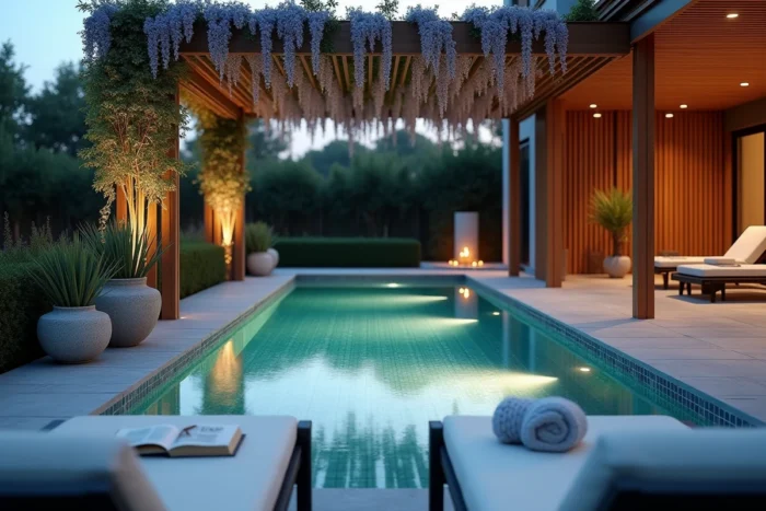 Aménagement piscine rectangulaire avec pergola en bois et plantes ornementales au crépuscule