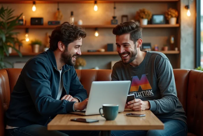 Deux amis geeks discutant des dernières actualités tech et innovations web autour d'ordinateurs portables dans un café urbain tendance