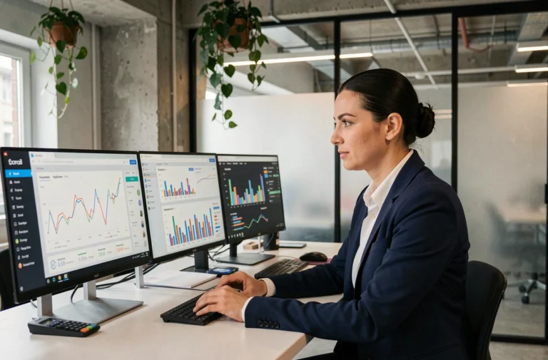 Professionnelle française analysant des données de suivi de position Google sur un tableau de bord SEO en open space moderne