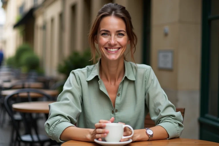 Animatrice de télévision souriante attablée à une terrasse de café parisien, ambiance discrète et élégante