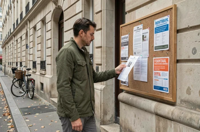 Homme lisant une annonce de location affichée sur la façade d'un immeuble résidentiel en ville
