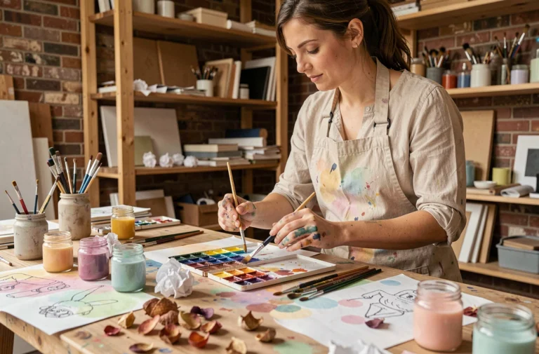 Femme artiste arrangeant des pinceaux aquarelle sur une table de travail en bois dans un atelier créatif aux murs en briques apparentes