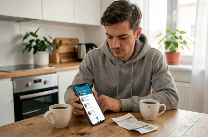 Personne consultant les avis en ligne d'un service de dépannage sur son smartphone avec une facture posée sur la table