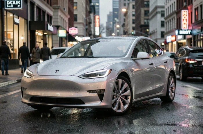 Berline électrique moderne garée dans une rue urbaine mouillée, reflet de la ville sur la carrosserie argentée