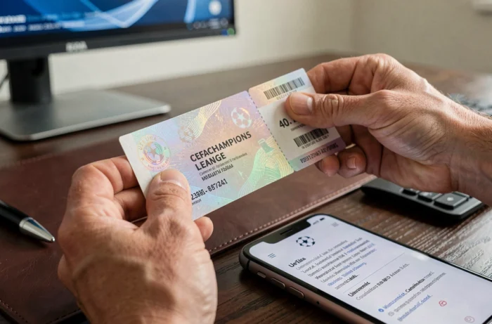 Gros plan sur un billet officiel de finale de Ligue des Champions tenu dans les mains avec confirmation sur smartphone