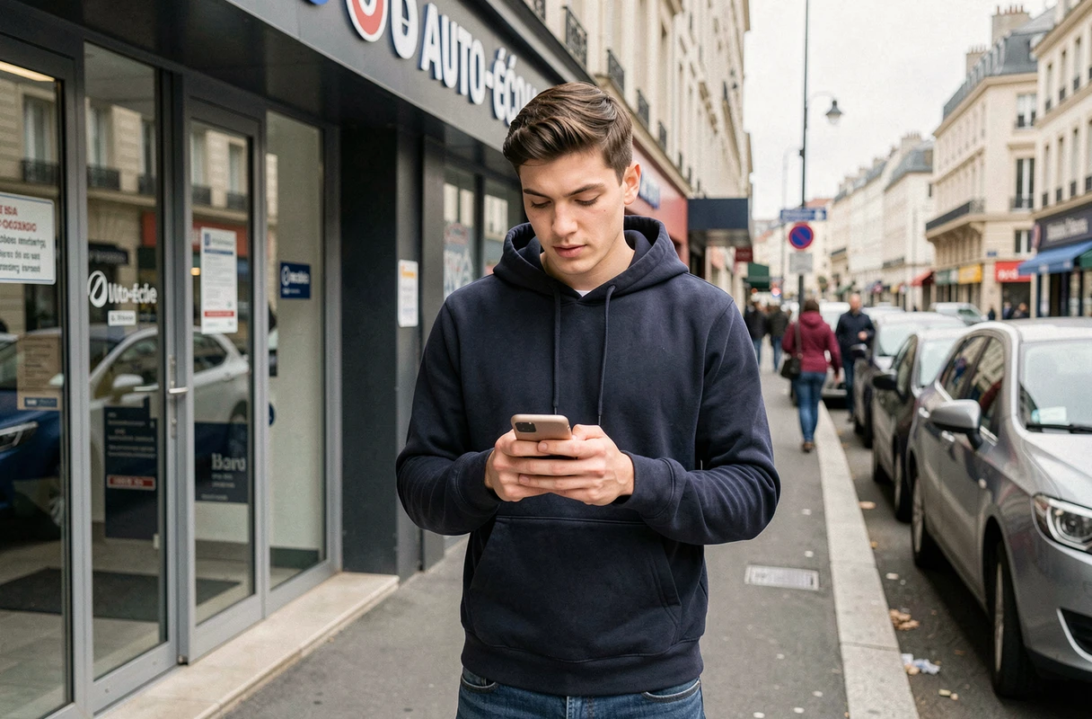 Jeune homme consultant son téléphone devant une auto-école pour s'inscrire via Candibot