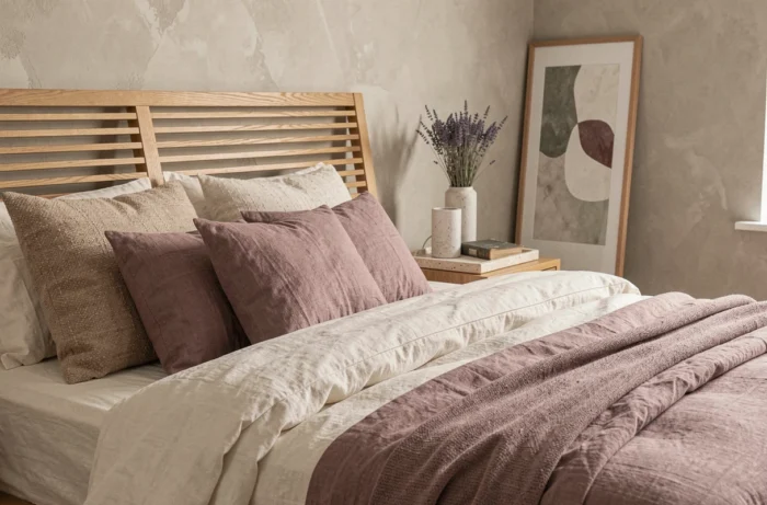 Chambre tendance avec literie en lin belge, tête de lit en chêne et décoration minimaliste en travertin pour un intérieur élégant