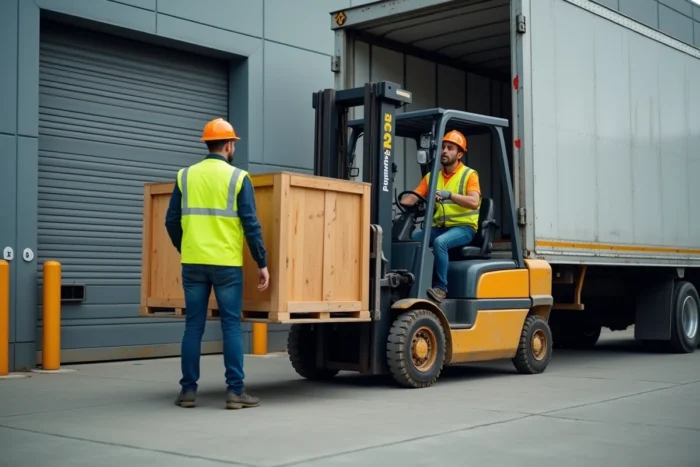Manutentionnaires chargeant une grande caisse en bois sur un camion plateau à quai dans un entrepôt industriel avec un chariot élévateur