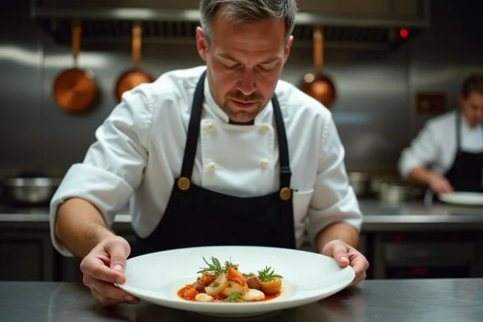 Chef cuisinier parisien en veste blanche dressant un plat gastronomique raffiné dans une cuisine professionnelle