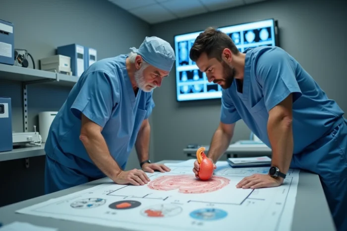 Deux chirurgiens discutant autour d'un modèle anatomique 3D et de schémas médicaux dans une salle de recherche clinique, symbolisant la collaboration et l'innovation médicale