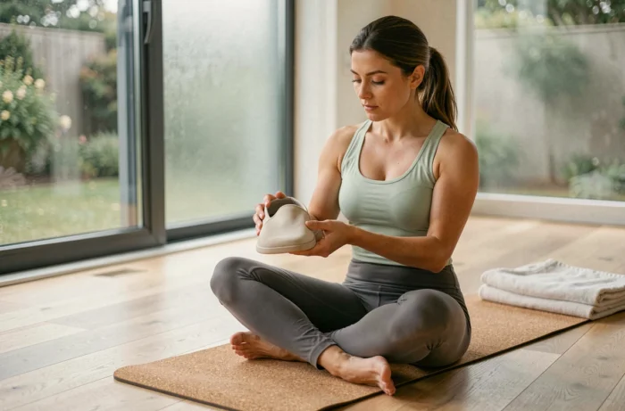 Femme en tenue de yoga examinant une chaussure minimaliste pour le yoga sur un tapis en liège dans un studio à domicile lumineux