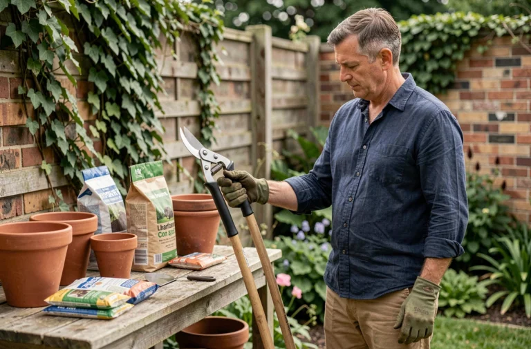 Homme de 45 ans sélectionnant des outils de jardinage performants devant un établi en bois dans un jardin verdoyant