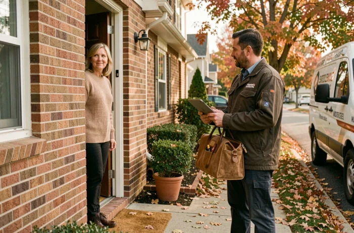 Cliente accueillant un technicien de dépannage à domicile devant une maison de banlieue en automne
