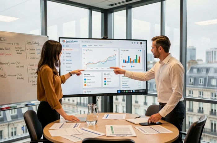 Deux professionnels du marketing digital collaborant sur l'analyse de rankings Google avec un outil SEO français en salle de réunion