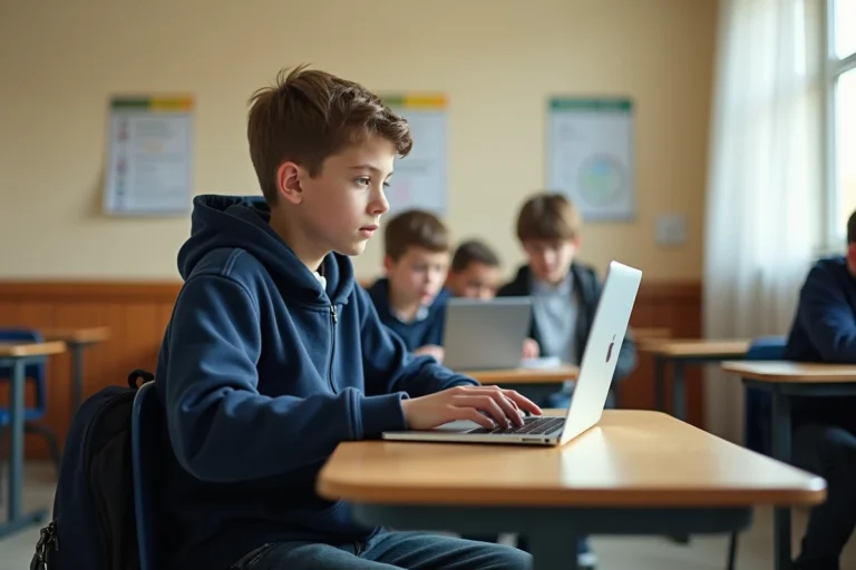 Collégien connecté à l'espace numérique Pronote sur un ordinateur portable dans une salle commune du collège Jules Ferry d'Aurillac