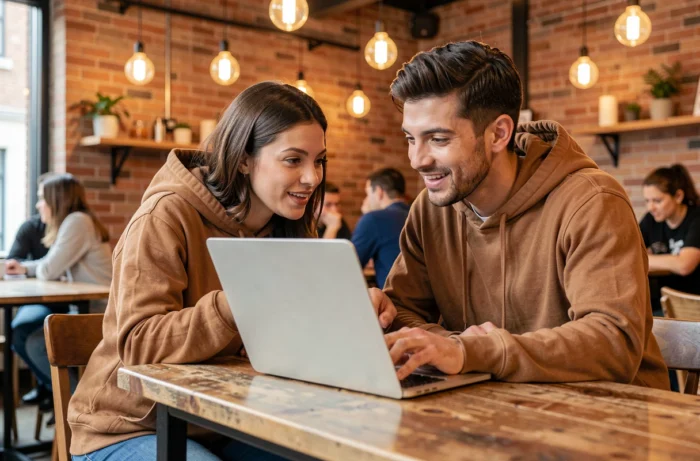 Deux collègues discutant d'astuces informatiques autour d'un ordinateur portable dans un café co-working moderne