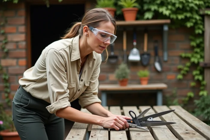 Femme comparant deux élagueuses sur une table en bois dans un jardin pour choisir le meilleur modèle