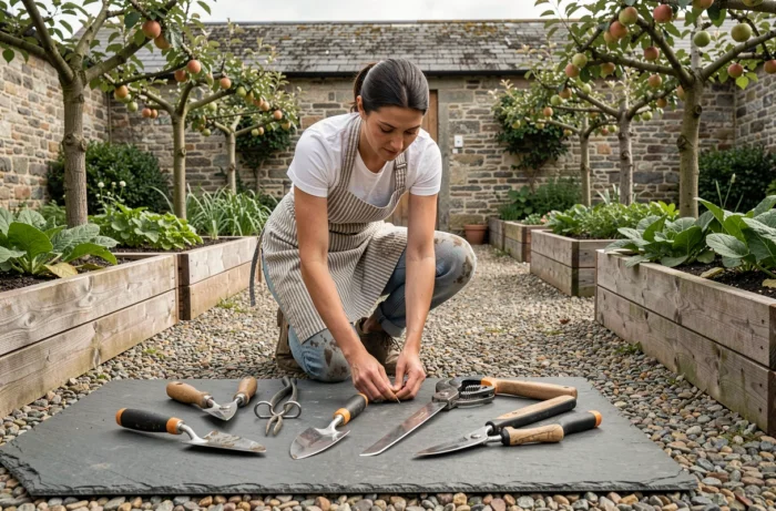 Femme arrangeant une sélection d'outils de jardinage de qualité sur une bâche dans un potager structuré