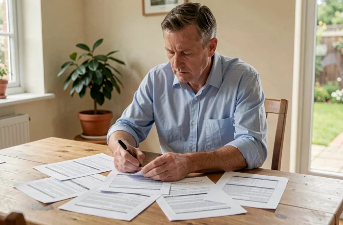 Un homme compare plusieurs devis de travaux posés sur une table en bois pour sécuriser son projet de rénovation