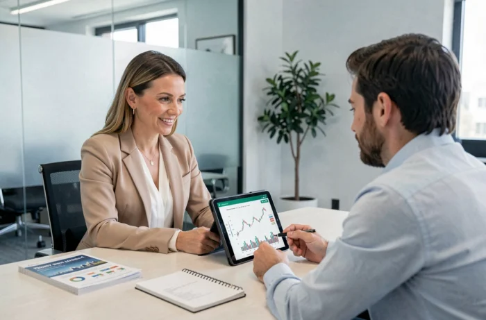 Une femme consulte un conseiller financier autour d'un tableau de bord d'investissement sur tablette dans un bureau moderne