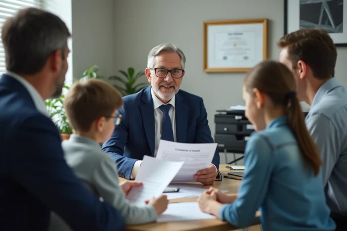 Conseiller en assurance présentant un contrat de protection des biens et de la famille à ses clients