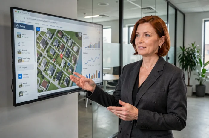 Conseillère immobilière présentant une carte interactive de projets collaboratifs dans une agence moderne