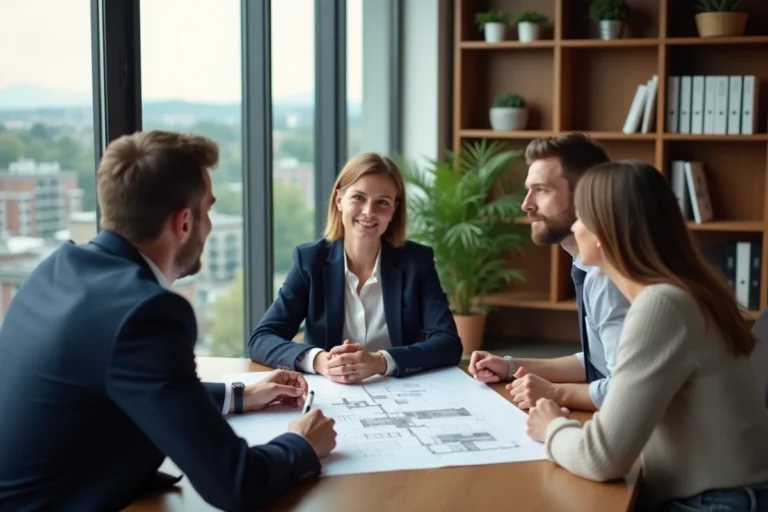 Conseillère immobilière accompagnant un couple dans la révision de plans et documents pour leur projet immobilier dans une agence moderne