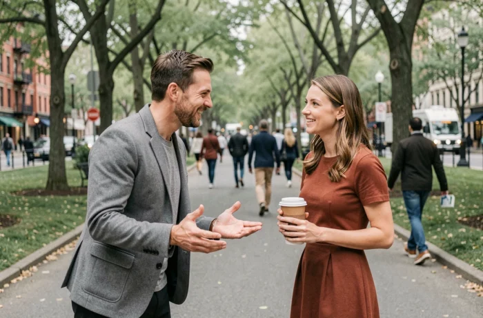 Conversation naturelle entre un homme et une femme dans un parc urbain animé