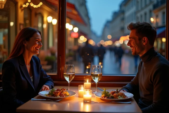 Couple savourant un dîner gastronomique dans un bistrot parisien en soirée, vue sur une rue pavée illuminée