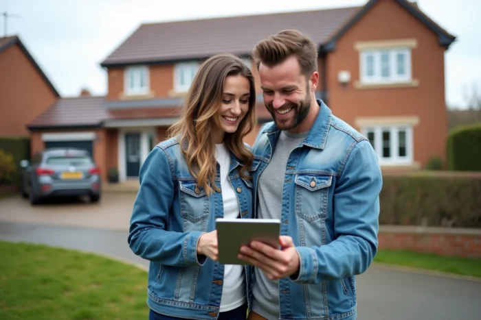 Couple devant leur maison consultant une tablette pour choisir la meilleure assurance habitation