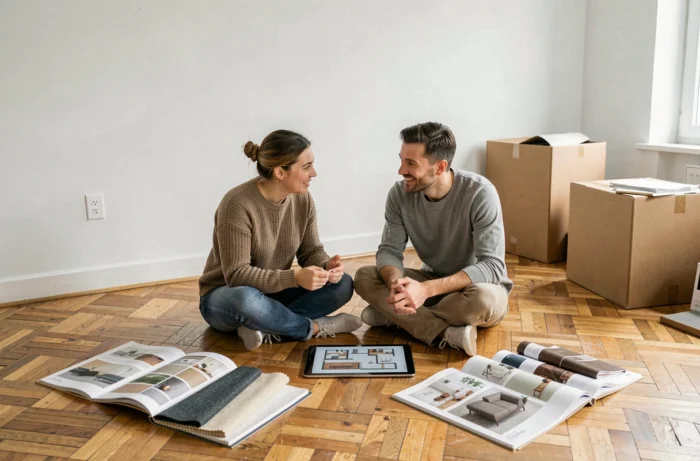 Couple planifiant l'aménagement et l'équipement de leur nouvelle maison moderne