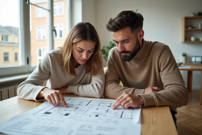 Couple examinant des plans immobiliers et des documents sur une table en bois dans un appartement moderne, illustrant la préparation d'un projet d'achat immobilier