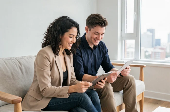 Jeune couple étudiant un projet d'achat immobilier collaboratif dans un appartement rénové