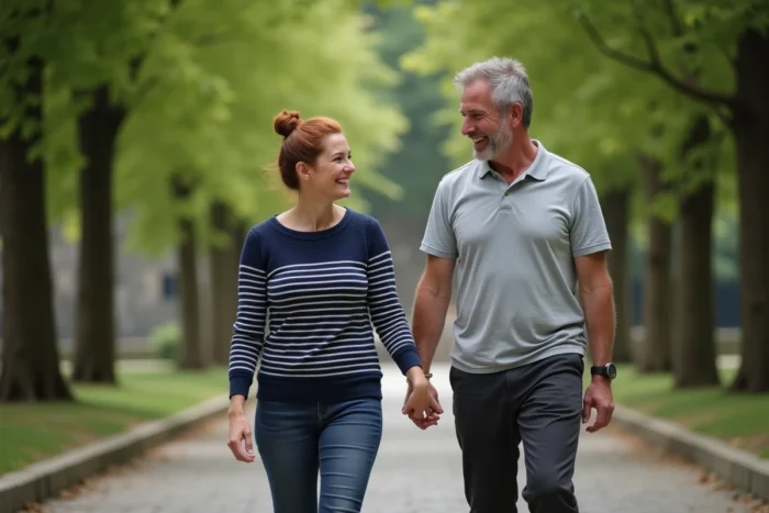 Couple complice se promenant dans un parc parisien, atmosphère intime et décontractée