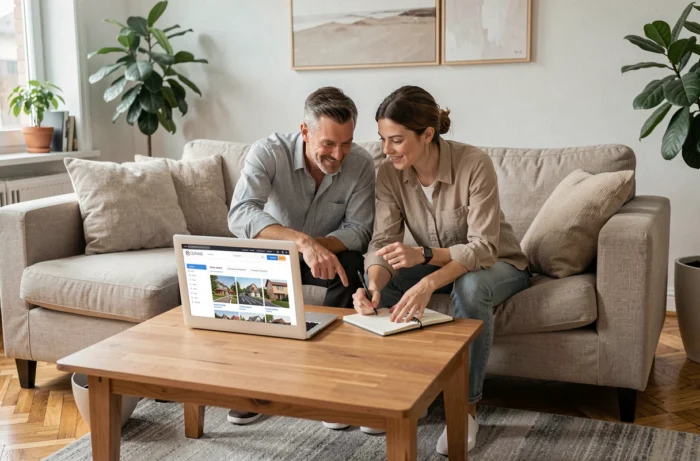 Couple recherchant des rubriques sur un site immobilier ensemble dans leur salon