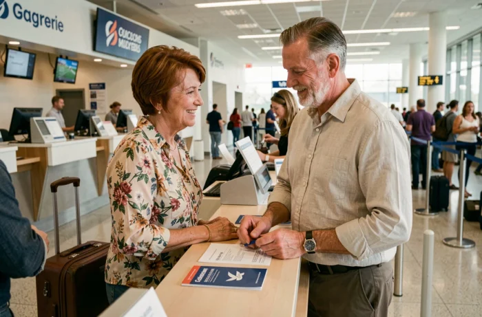 Couple de seniors au comptoir d'enregistrement Air France avec leurs bagages