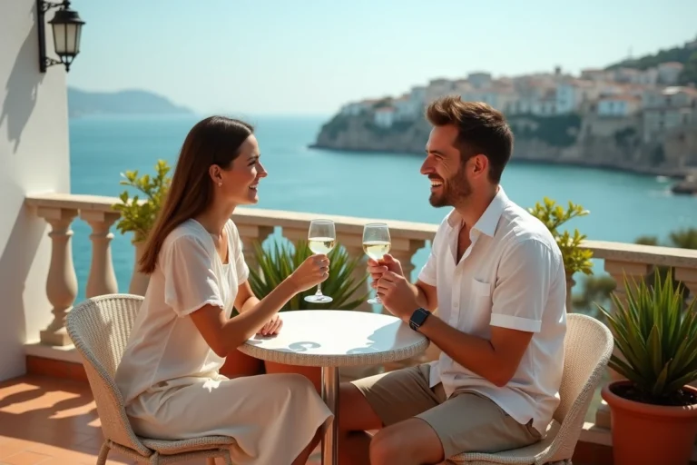 Couple élégant savourant un verre de vin sur une terrasse méditerranéenne lors d'un voyage libertin en Europe