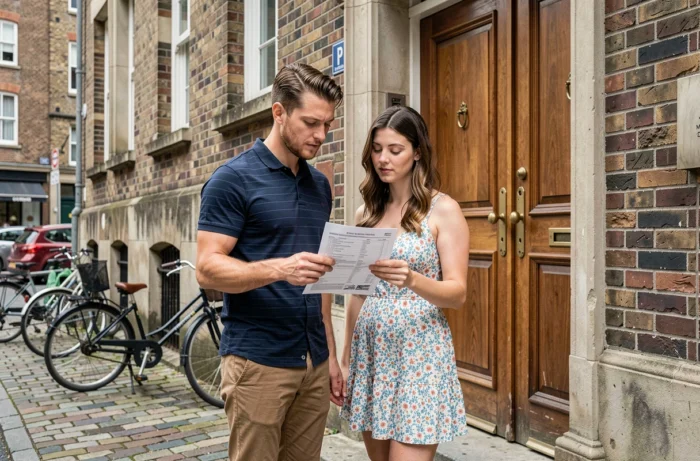 Couple visitant un appartement à louer devant une façade en brique d'un immeuble parisien