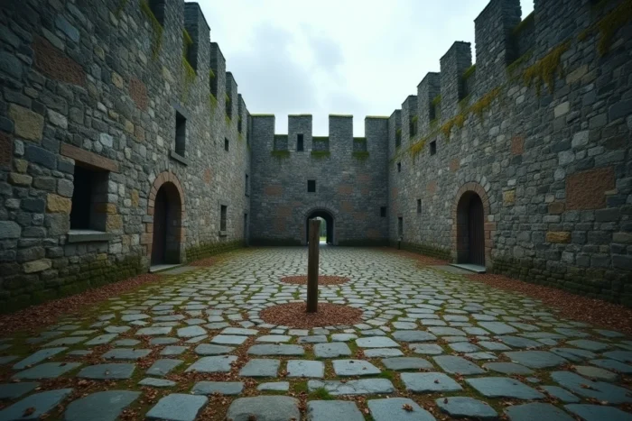 Cour intérieure d'un château médiéval en pierre avec un poteau en bois planté dans les pavés évoquant les châtiments publics du Moyen Âge