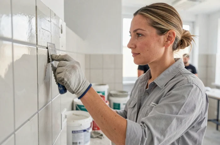 Femme appliquant du carrelage lors d'une formation bricolage pratique à Lyon, avec truelle et adhésif mural