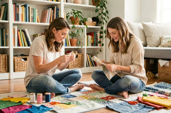 Deux femmes cousant un patchwork coloré sur le sol d'un salon décoré de plantes et d'étagères remplies de livres de couture