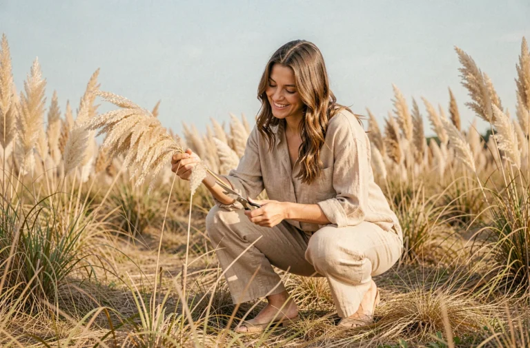 Femme cueillant des herbes de pampa dans un champ doré en été pour décoration intérieure