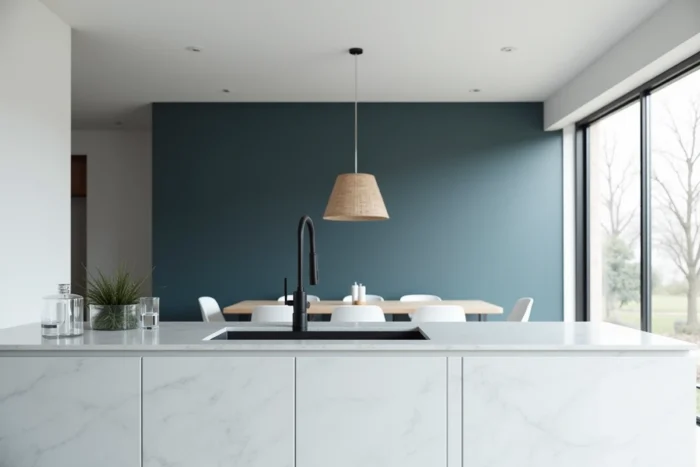 Cuisine blanche minimaliste avec mur bleu ardoise visible depuis l'espace salle à manger, ambiance scandinave
