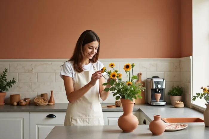 Femme dans une cuisine blanche avec mur terracotta et vaisselle en céramique méditerranéenne